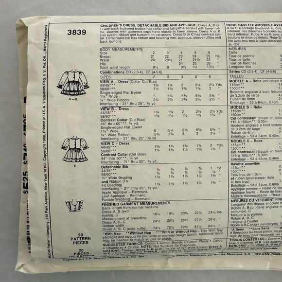 Vtg McCalls EASY Sewing Pattern 3839 Toddler Ruffled Dress Detachable Bib Sz 2-4 - Picture 2 of 3